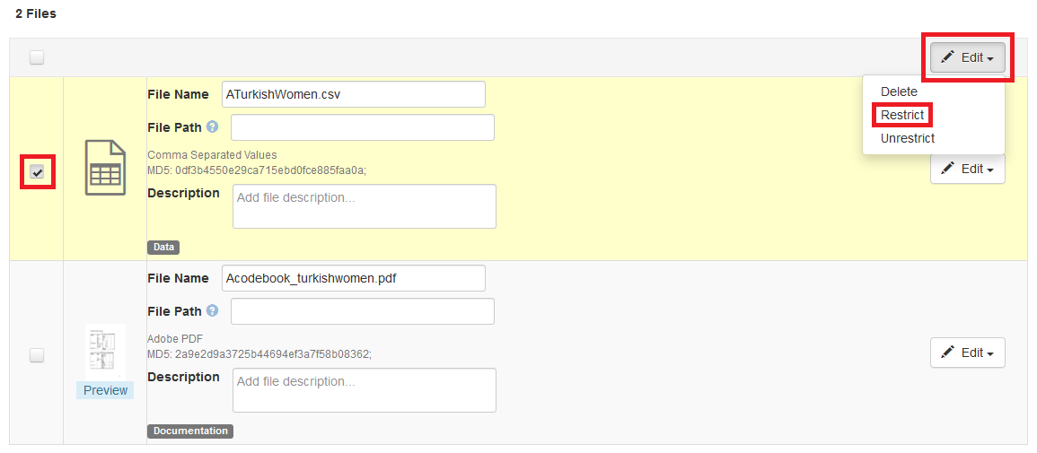 File add and edit interface with Restrict option highlighted