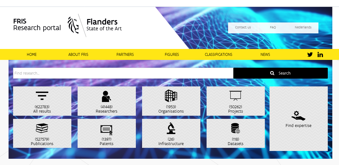 Screenshot from the FRIS research portal homepage